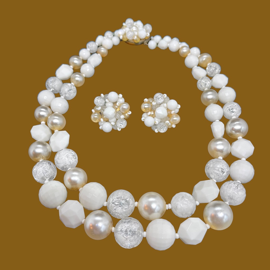 Vtg 2-Strand Lucite Beaded Necklace Earrings Set White Gold Round Clasp 1930s 25$